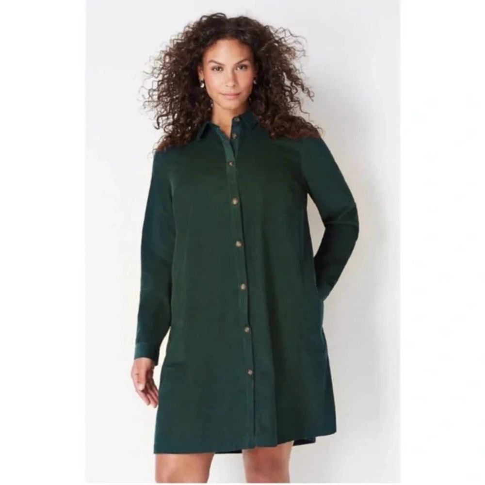 J. Jill Corduroy Long Sleeve Button Down Shirt Dress - Green 4X